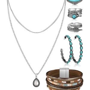 Ecally Bohemian Western Jewelry Turquoise Set Women Country Pendant